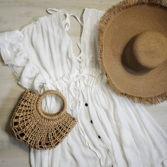 New Flowy Plunge Maxi Gauze Cover Up Dress Summer White